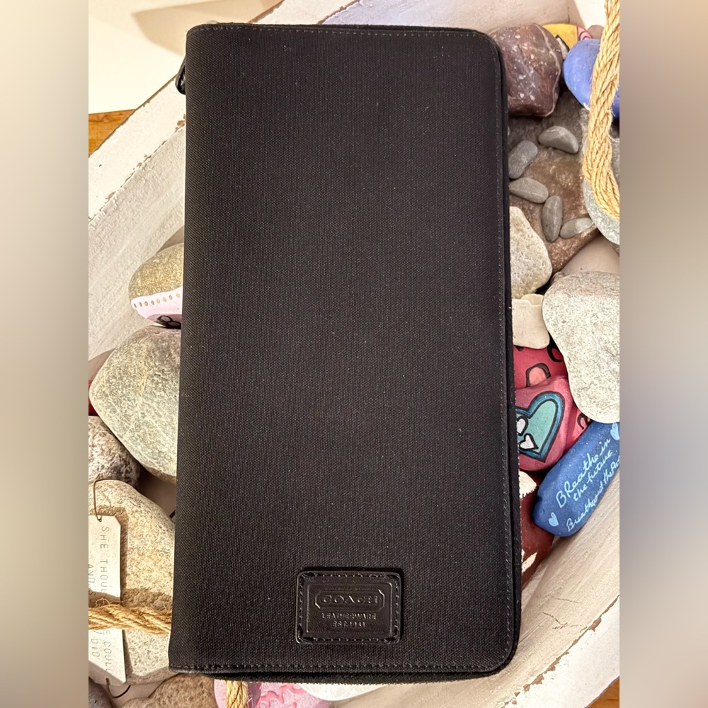 Coach Transatlantic Black Zip Around Travel Wallet Fabric and Leather Combo